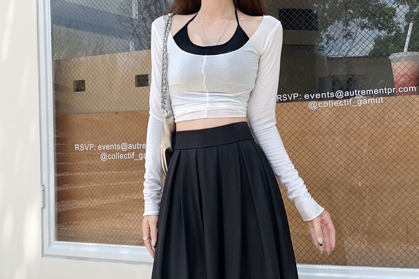 High Rise Plain Inverted Pleated Maxi A-Line Skirt