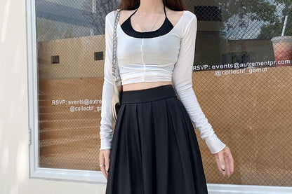 High Rise Plain Inverted Pleated Maxi A-Line Skirt