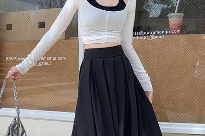 High Rise Plain Inverted Pleated Maxi A-Line Skirt