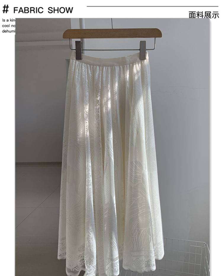 High Waist Floral Lace Trim Maxi A-Line Skirt