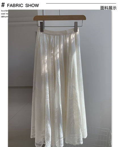 High Waist Floral Lace Trim Maxi A-Line Skirt