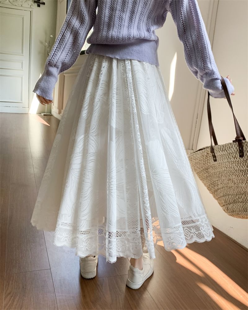 High Waist Floral Lace Trim Maxi A-Line Skirt