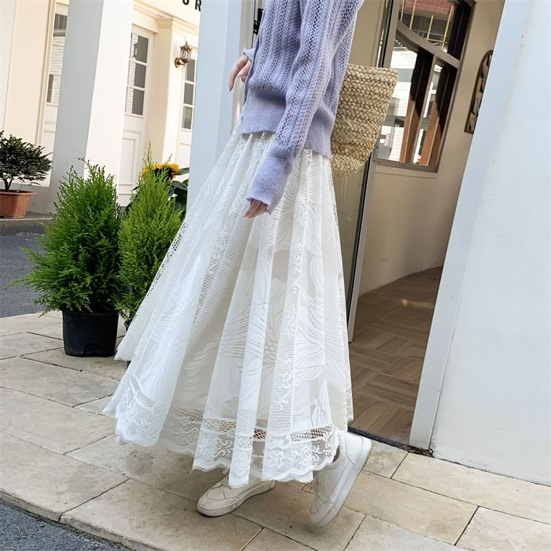 High Waist Floral Lace Trim Maxi A-Line Skirt
