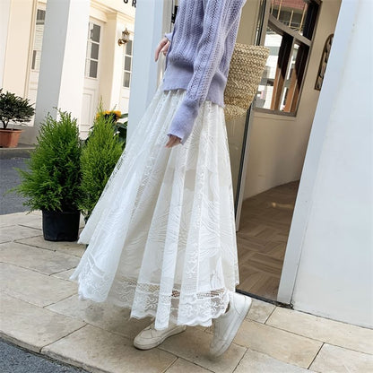 High Waist Floral Lace Trim Maxi A-Line Skirt