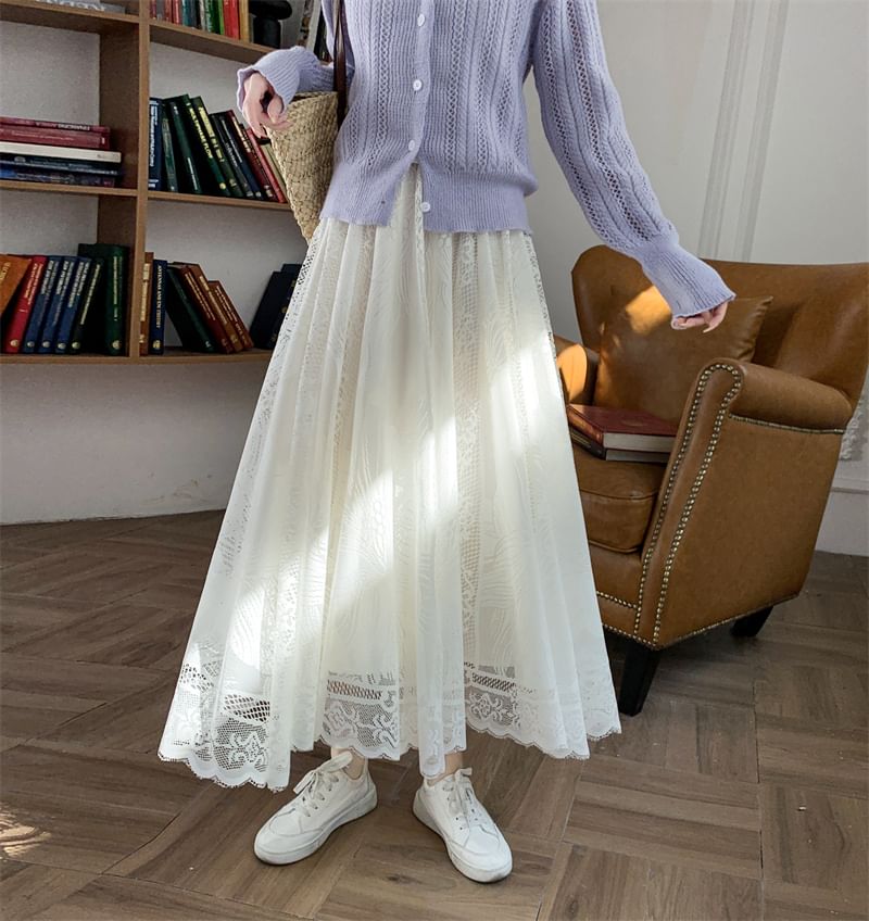 High Waist Floral Lace Trim Maxi A-Line Skirt