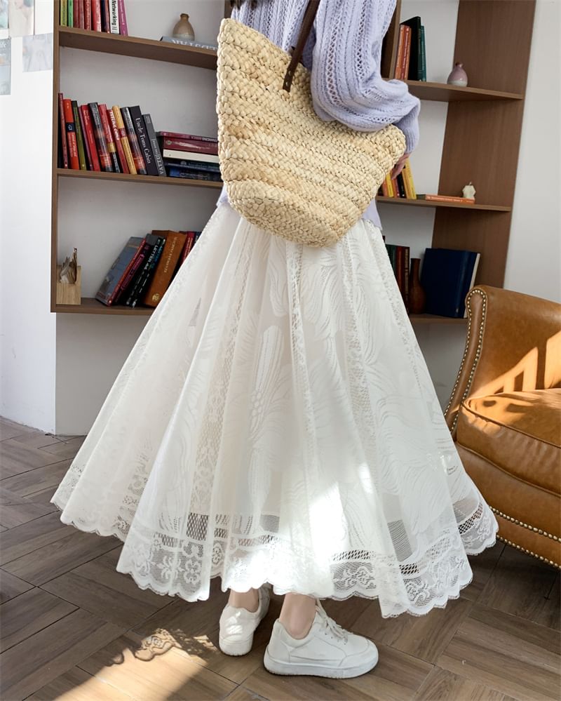High Waist Floral Lace Trim Maxi A-Line Skirt