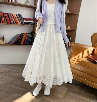 High Waist Floral Lace Trim Maxi A-Line Skirt