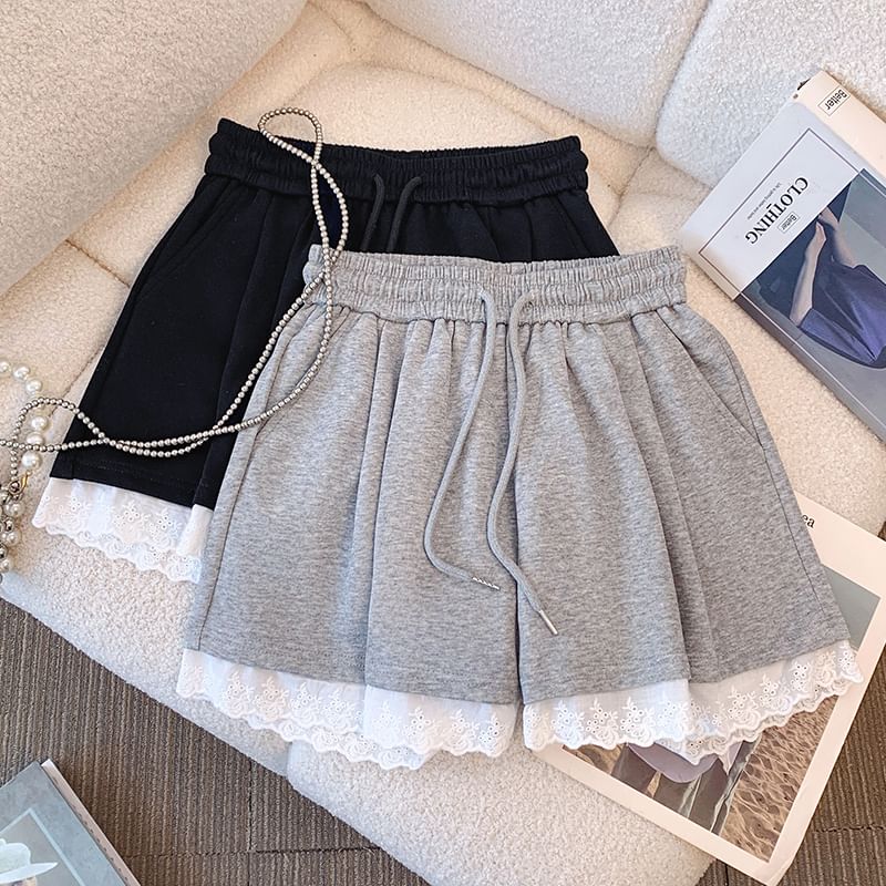 Drawstring Waist Plain Lace Trim Mini A-Line Skirt