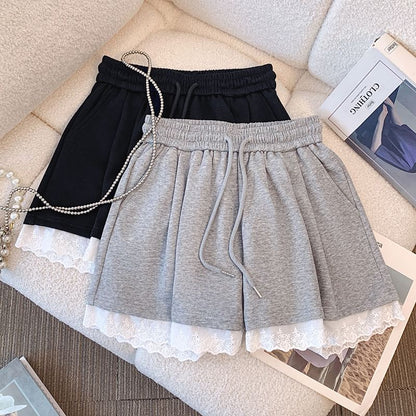 Drawstring Waist Plain Lace Trim Mini A-Line Skirt