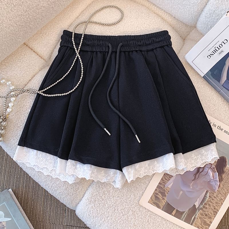 Drawstring Waist Plain Lace Trim Mini A-Line Skirt