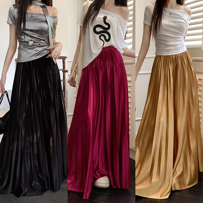 High Waist Plain Accordion Pleated Maxi A-Line Skirt