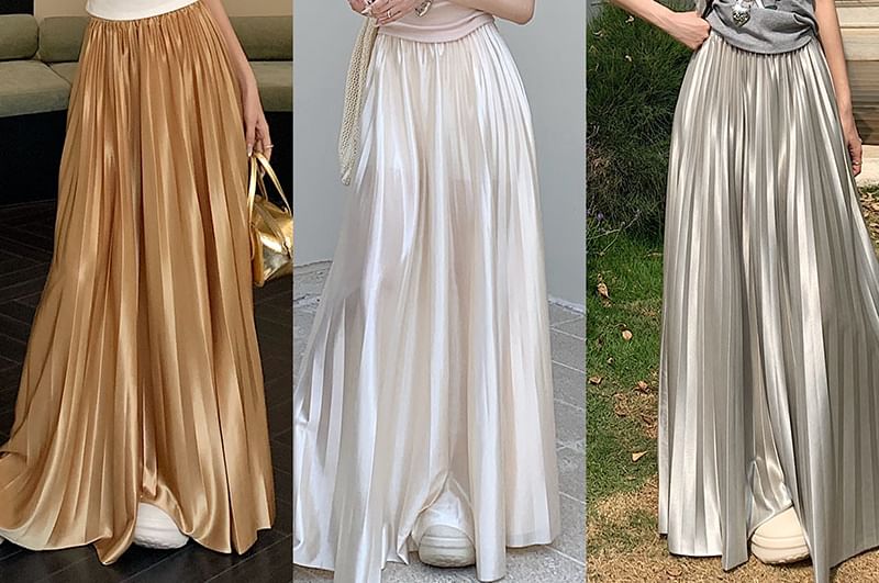 High Waist Plain Accordion Pleated Maxi A-Line Skirt