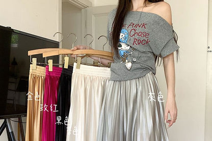 High Waist Plain Accordion Pleated Maxi A-Line Skirt