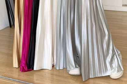 High Waist Plain Accordion Pleated Maxi A-Line Skirt