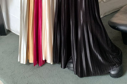 High Waist Plain Accordion Pleated Maxi A-Line Skirt