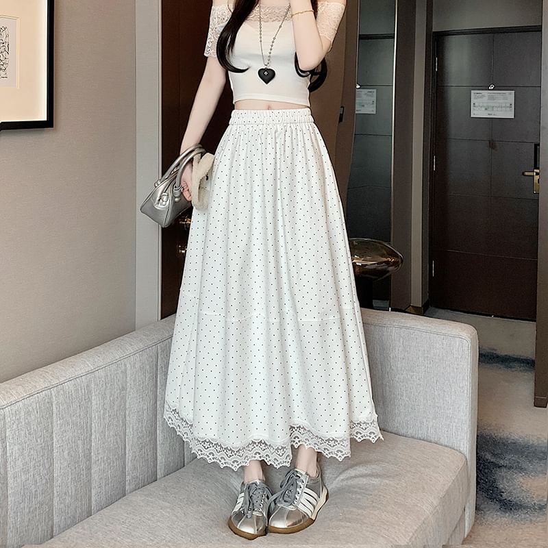 High Rise Dotted Lace Trim Maxi A-Line Skirt