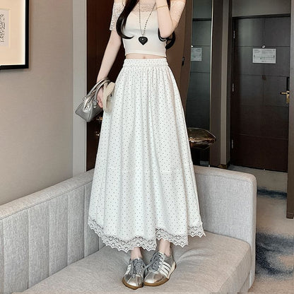 High Rise Dotted Lace Trim Maxi A-Line Skirt
