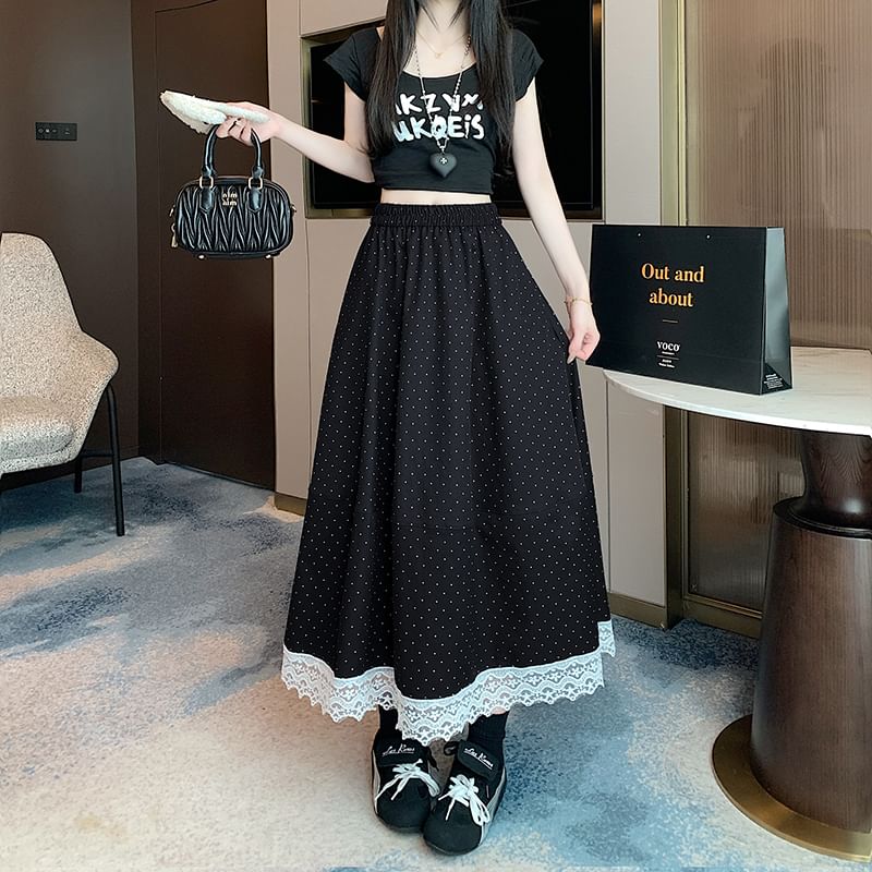 High Rise Dotted Lace Trim Maxi A-Line Skirt