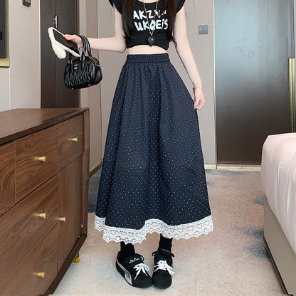 High Rise Dotted Lace Trim Maxi A-Line Skirt