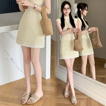 High Waist Plain Lace Trim Mini Pencil Skirt