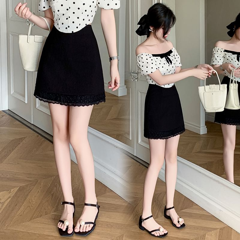 High Waist Plain Lace Trim Mini Pencil Skirt