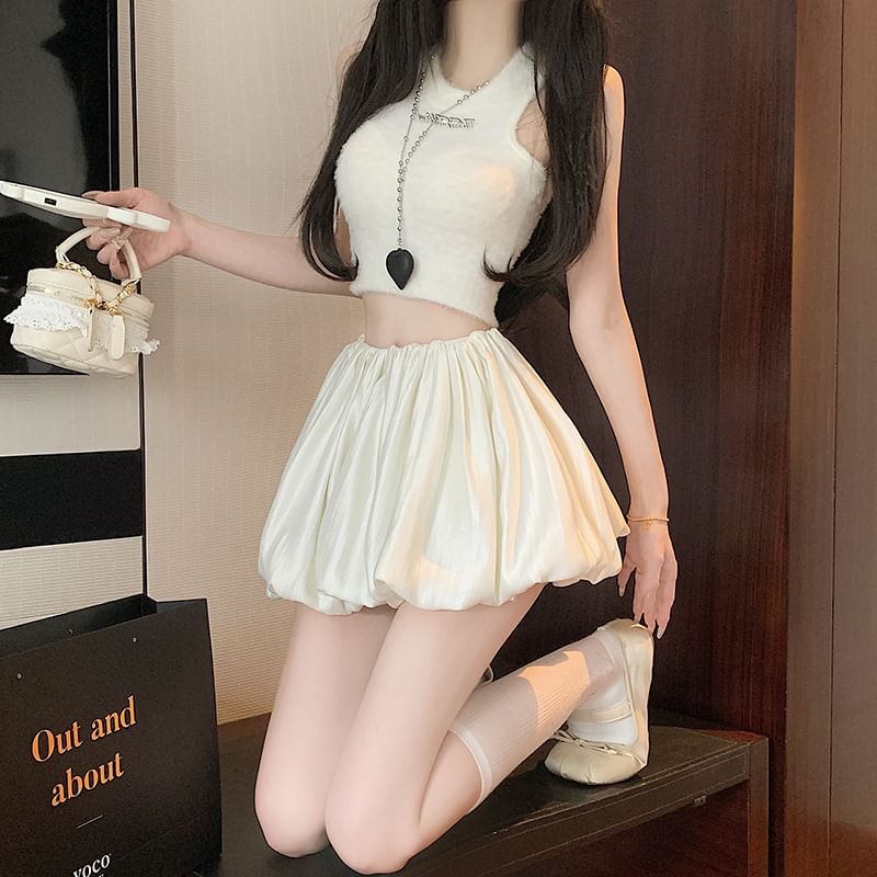 High Waist Plain Ruched Mini A-Line Skirt