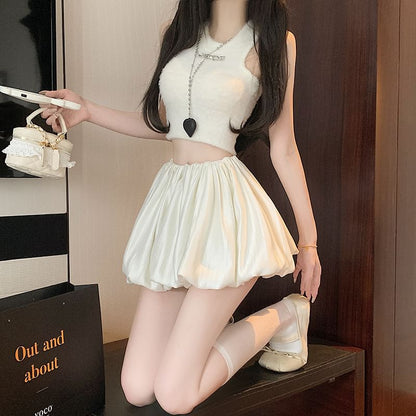 High Waist Plain Ruched Mini A-Line Skirt