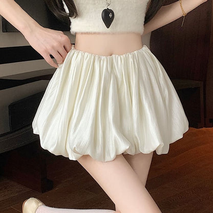 High Waist Plain Ruched Mini A-Line Skirt