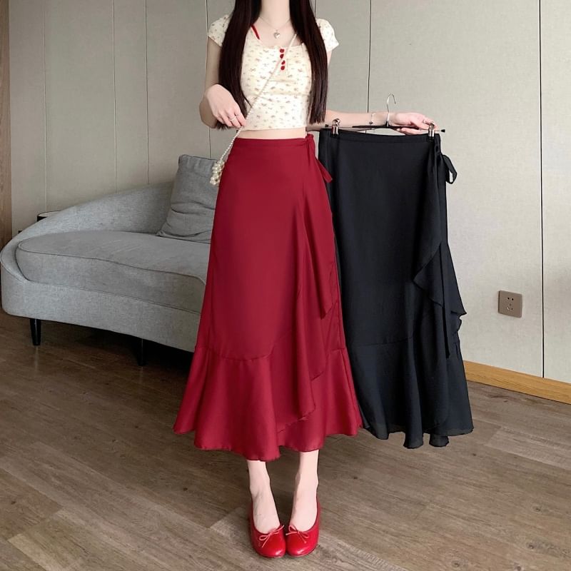 High Waist Plain Ruffle Midi A-Line Skirt