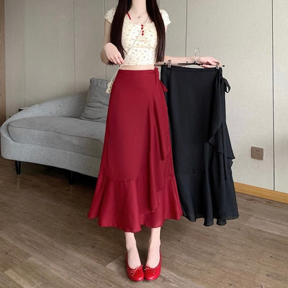 High Waist Plain Ruffle Midi A-Line Skirt