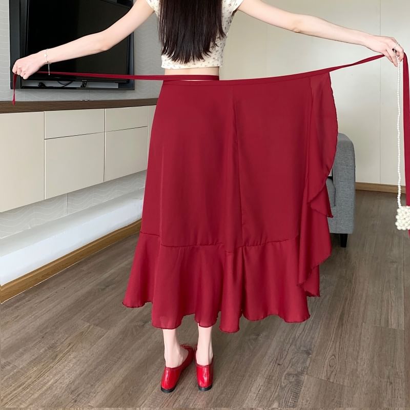 High Waist Plain Ruffle Midi A-Line Skirt