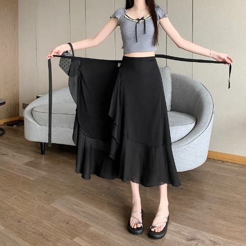 High Waist Plain Ruffle Midi A-Line Skirt