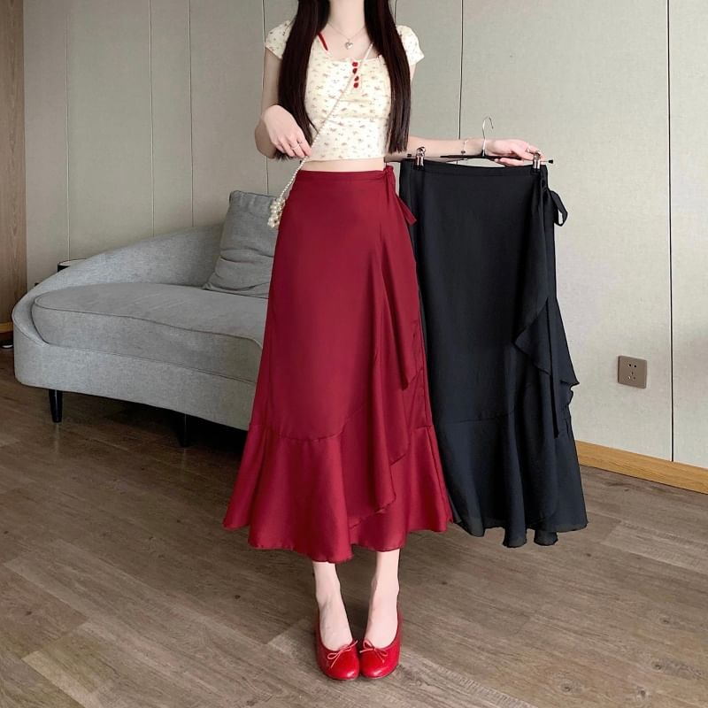High Waist Plain Ruffle Midi A-Line Skirt