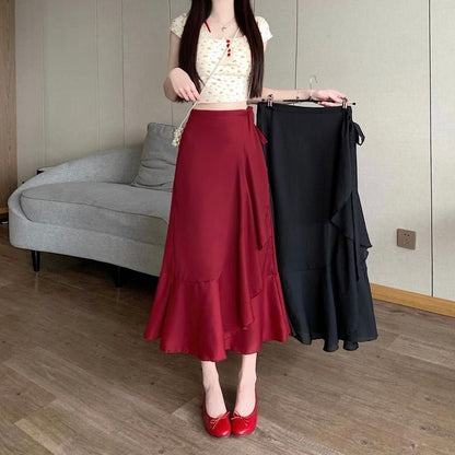 High Waist Plain Ruffle Midi A-Line Skirt