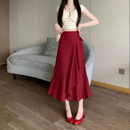 High Waist Plain Ruffle Midi A-Line Skirt