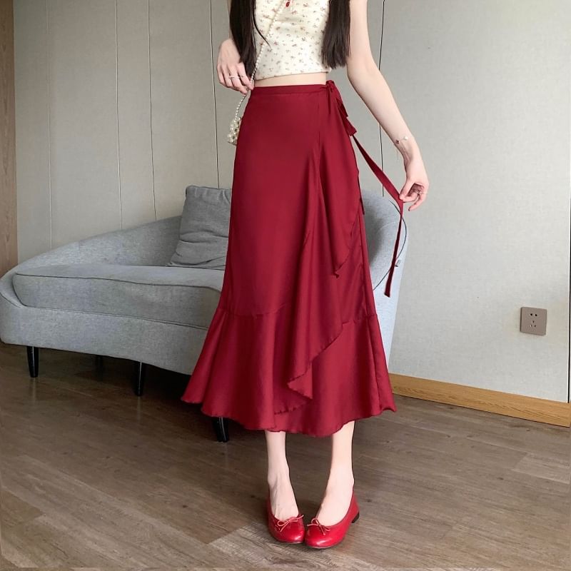 High Waist Plain Ruffle Midi A-Line Skirt