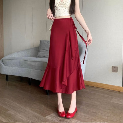 High Waist Plain Ruffle Midi A-Line Skirt