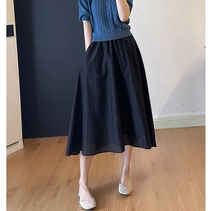 High Rise Plain Midi A-Line Skirt