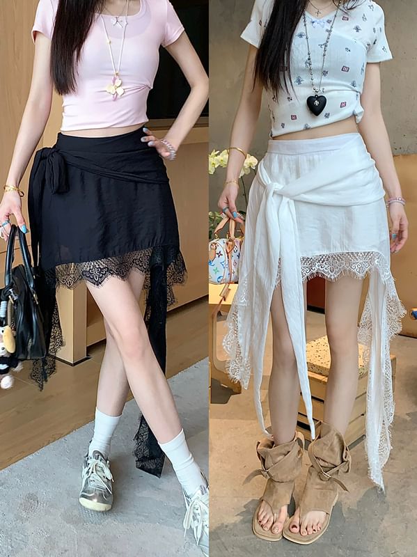 High Waist Plain Lace Trim Asymmetrical Wrap Skort