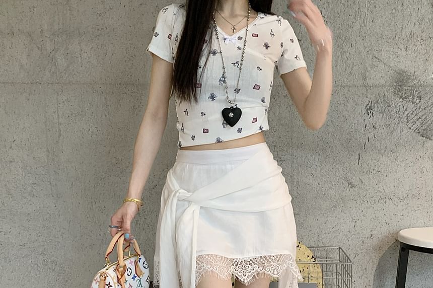 High Waist Plain Lace Trim Asymmetrical Wrap Skort