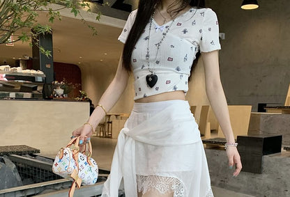 High Waist Plain Lace Trim Asymmetrical Wrap Skort