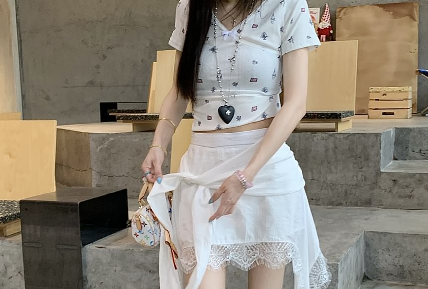 High Waist Plain Lace Trim Asymmetrical Wrap Skort