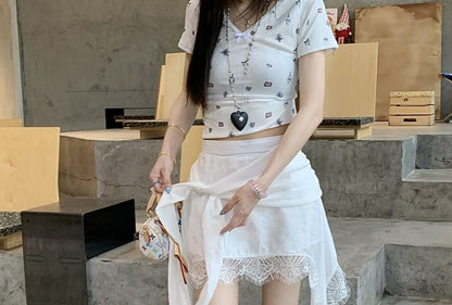 High Waist Plain Lace Trim Asymmetrical Wrap Skort