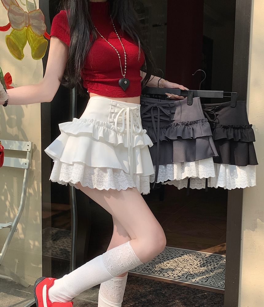 High Rise Plain Lace-Up Ruffle Lace Trim Mini A-Line Skirt