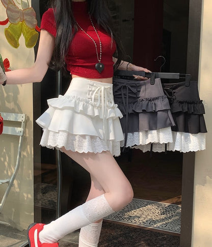 High Rise Plain Lace-Up Ruffle Lace Trim Mini A-Line Skirt