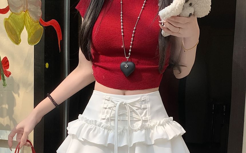 High Rise Plain Lace-Up Ruffle Lace Trim Mini A-Line Skirt