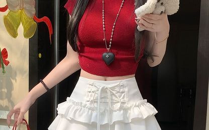 High Rise Plain Lace-Up Ruffle Lace Trim Mini A-Line Skirt