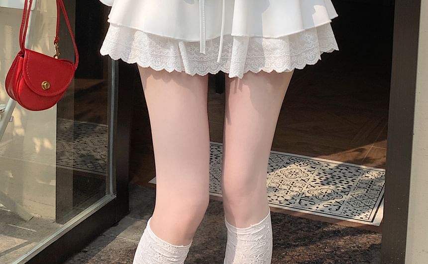 High Rise Plain Lace-Up Ruffle Lace Trim Mini A-Line Skirt