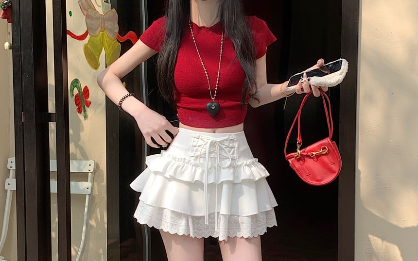 High Rise Plain Lace-Up Ruffle Lace Trim Mini A-Line Skirt