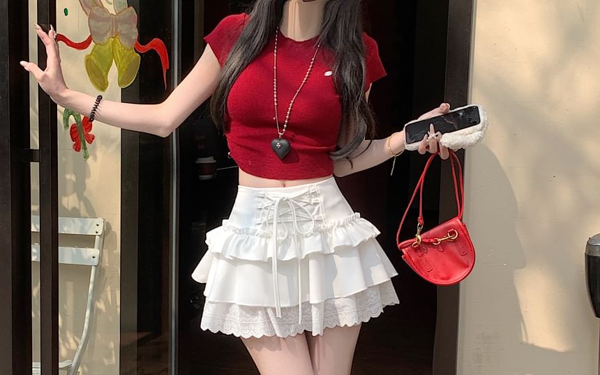 High Rise Plain Lace-Up Ruffle Lace Trim Mini A-Line Skirt